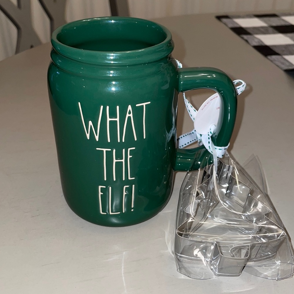 Rae Dunn What The Elf Mason Jar Style Mug w/Christmas Tree Cookie Cutter
